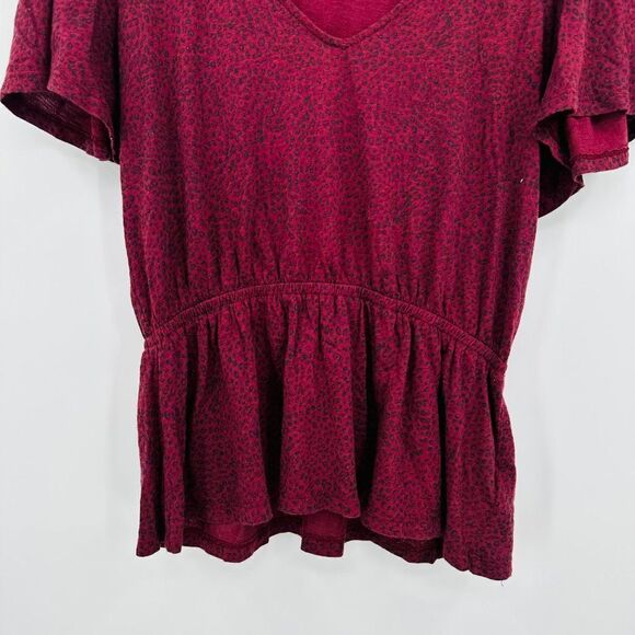 Lucky Brand Sz Small Maroon & Black Animal Print Flutter Sleeve Boho V Neck Top - Picture 3 of 8